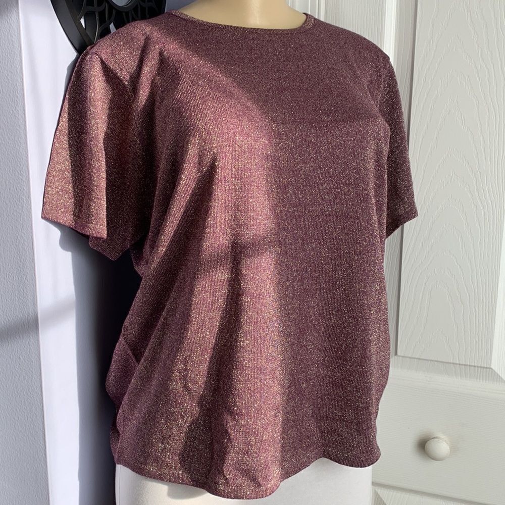 Susan Graver Style QVC Sparkling Sweater Short Sleeves Top L Purple /Gold